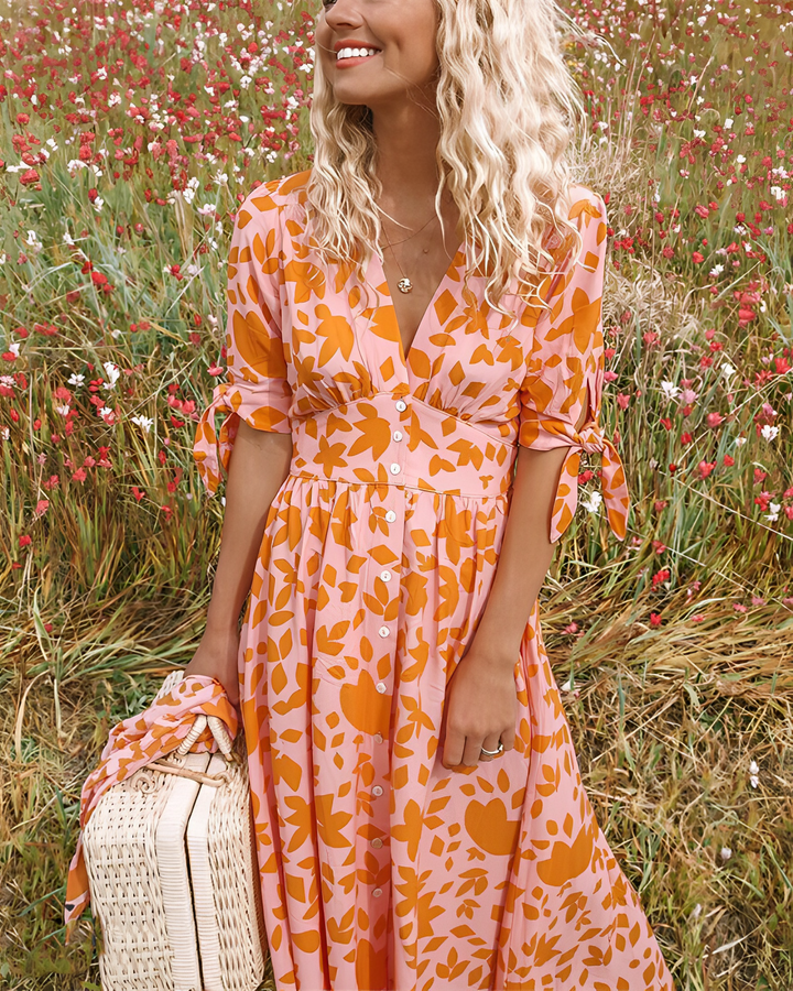 Abito Midi Donna in Tessuto Leggero Scollo a V Estivo - Vesarelli