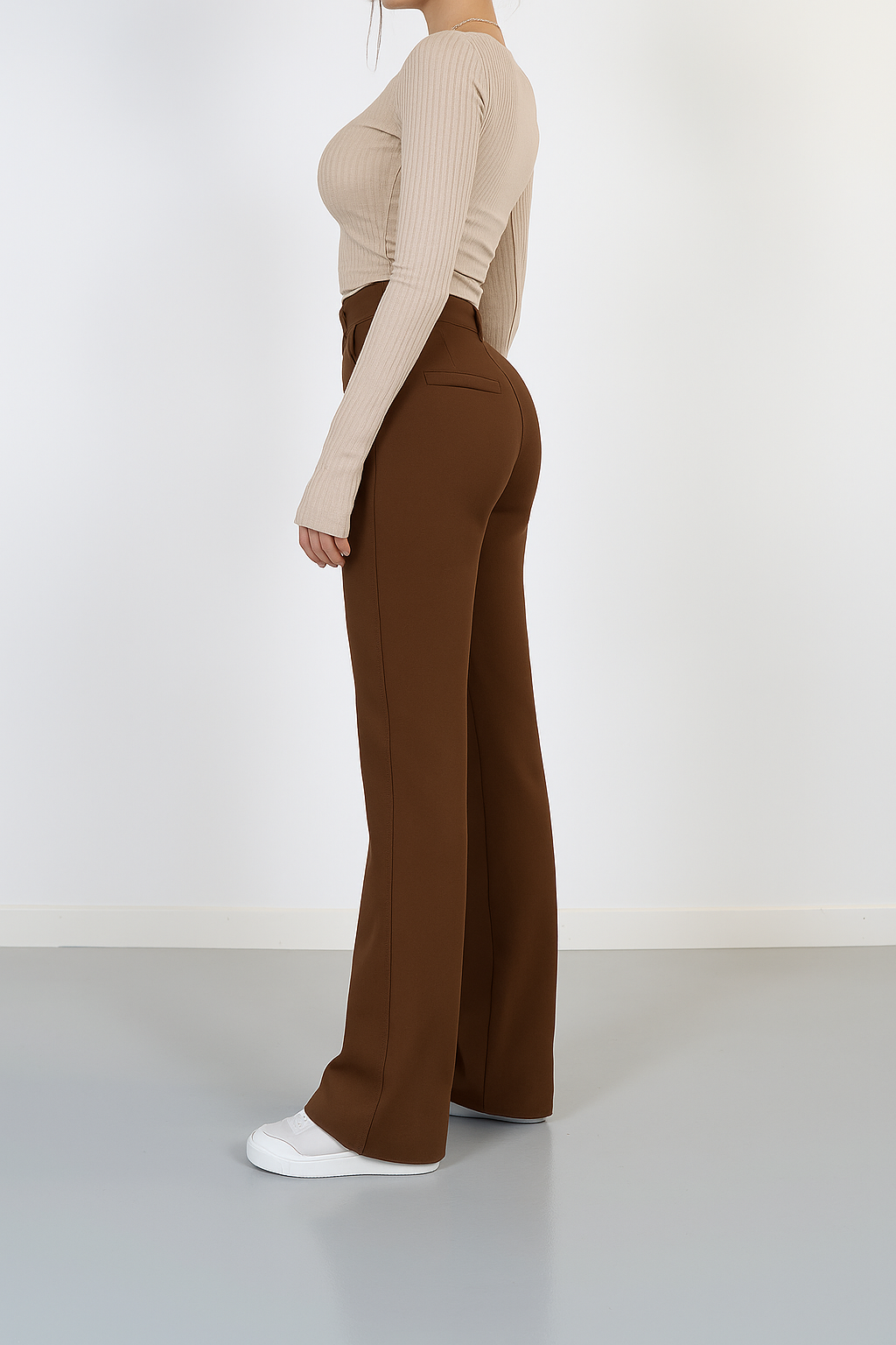 Pantaloni Donna Vita Alta Tessuto Leggero Taglio Dritto