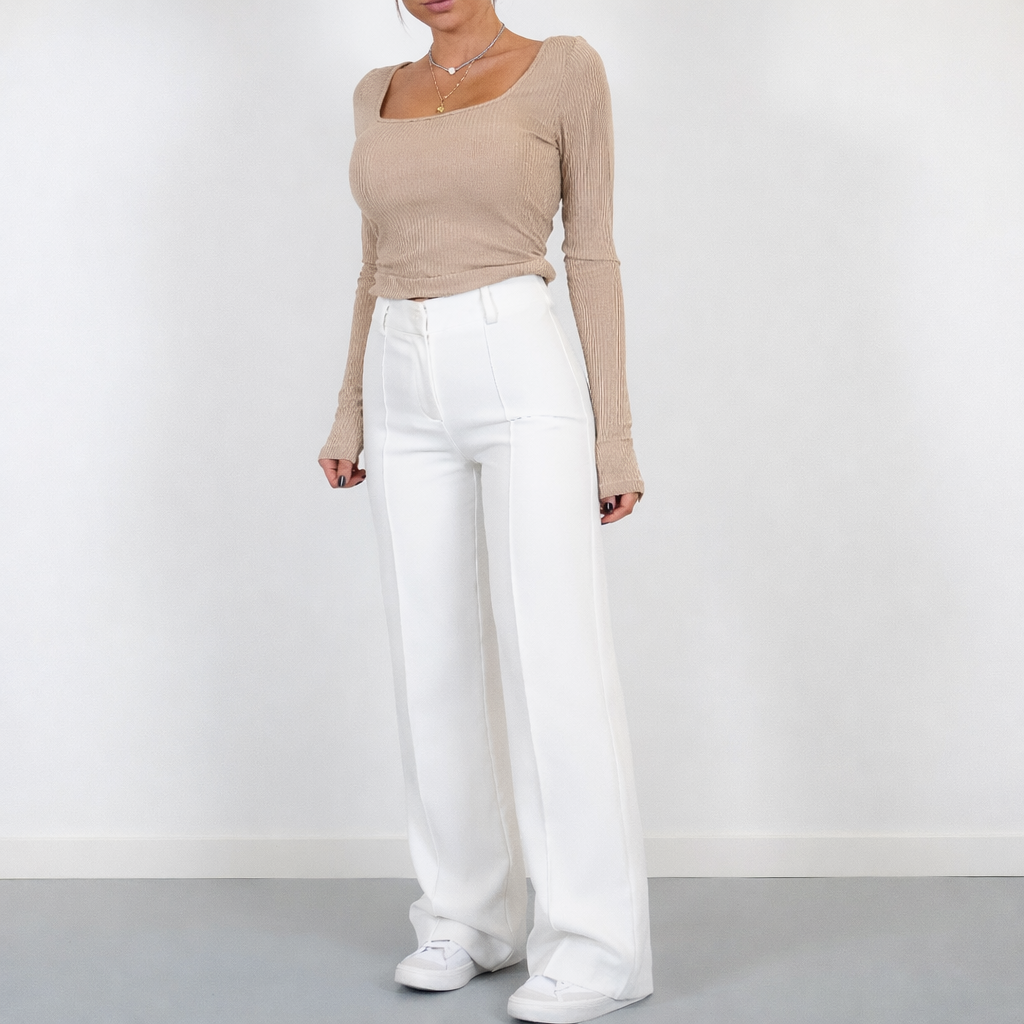 Pantaloni Donna Vita Alta Tessuto Leggero Taglio Dritto