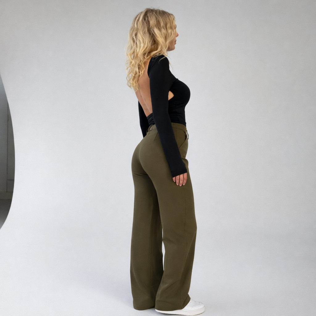 Pantaloni Donna Vita Alta Tessuto Leggero Taglio Dritto