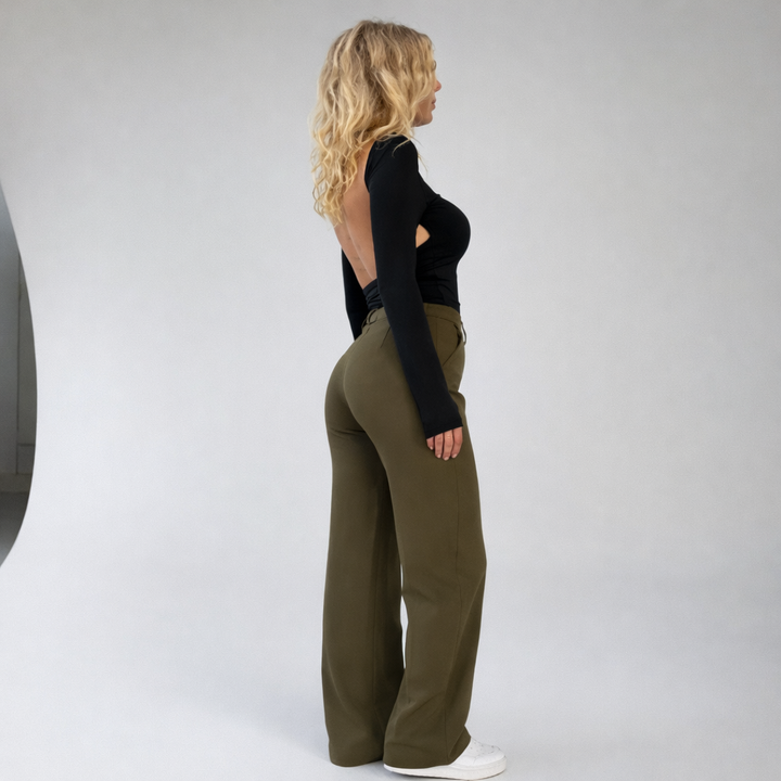 Pantaloni Donna Vita Alta Tessuto Leggero Taglio Dritto