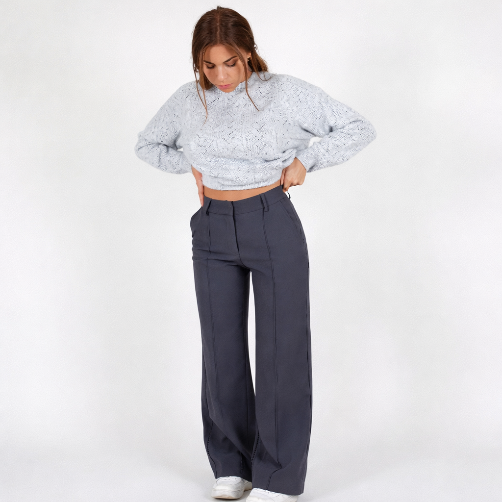 Pantaloni Donna Vita Alta Tessuto Leggero Taglio Dritto