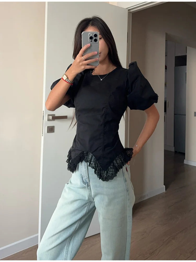 Blusa Donna | Maniche a Palloncino & Orlo in Pizzo