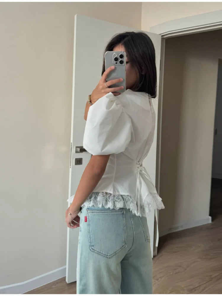 Blusa Donna | Maniche a Palloncino & Orlo in Pizzo
