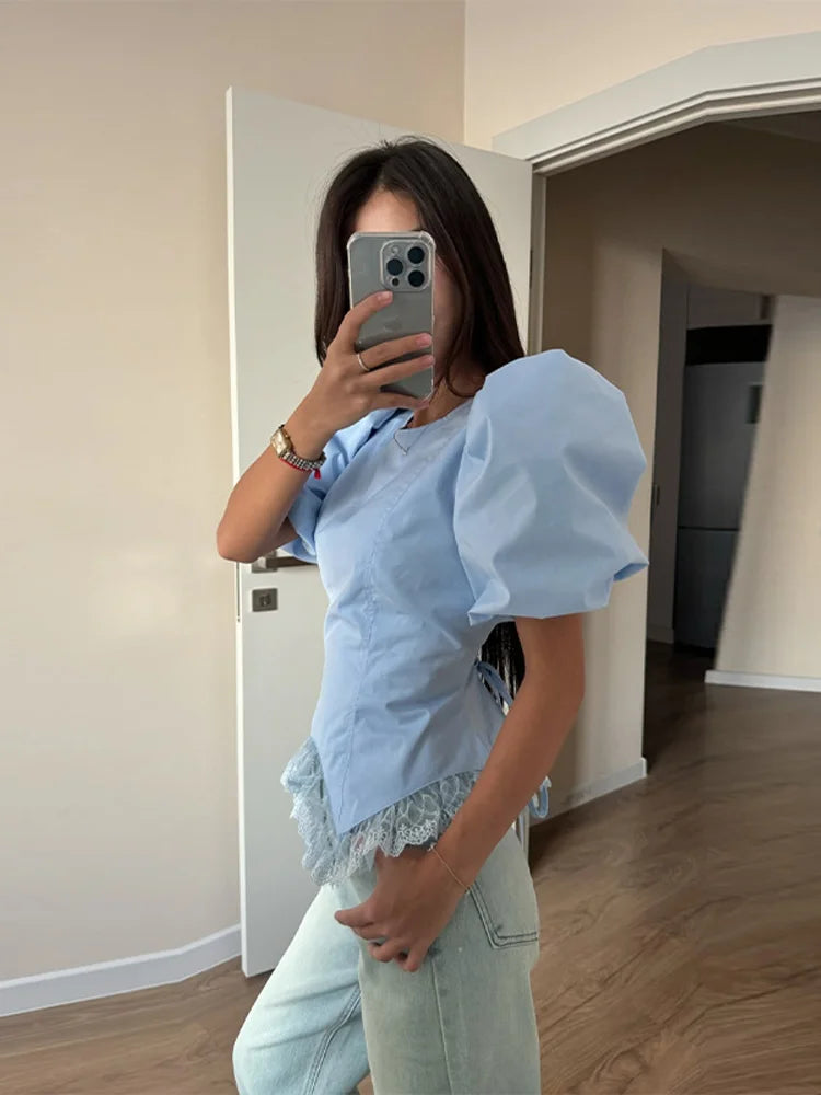 Blusa Donna Maniche a Palloncino Orlo in Pizzo - Vesarelli