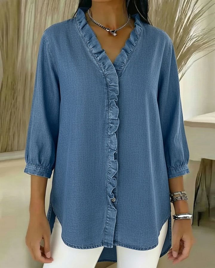 Blusa Donna Scollo a V Volant Frontale Elegante - Vesarelli