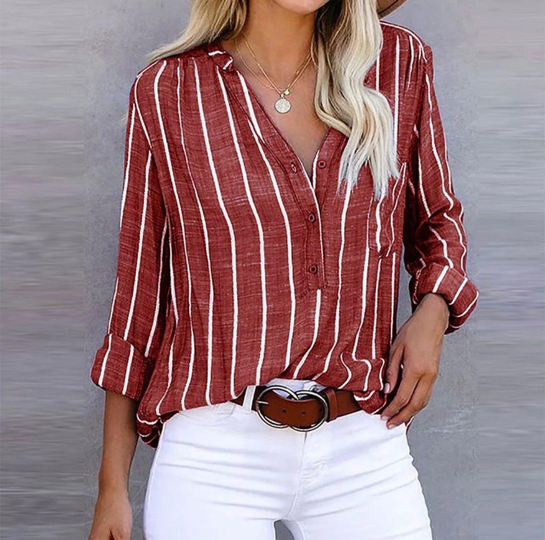 Blusa Donna in Cotone Scollo a V Righe Verticali Slim - Vesarelli
