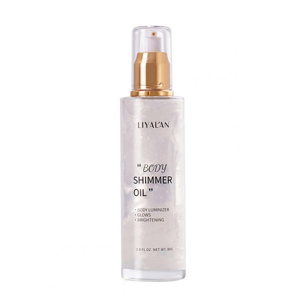 Bottiglia di olio illuminante corpo Liyalan, 80g, con erogatore dorato. Olio shimmer per pelle luminosa e brillante. Cosmetico per corpo.