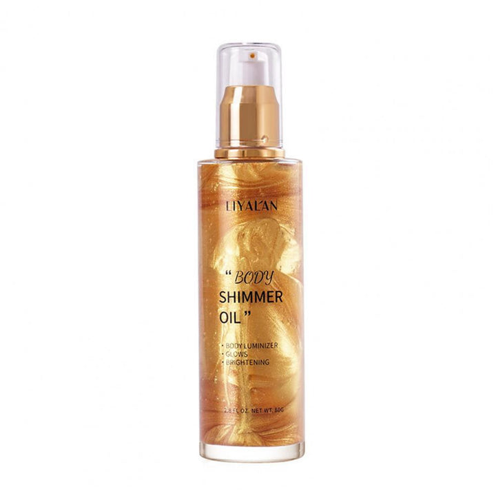 Olio corpo illuminante Liyalan, flacone trasparente con erogatore, 80 ml. Formula brillante per pelle luminosa e idratata.