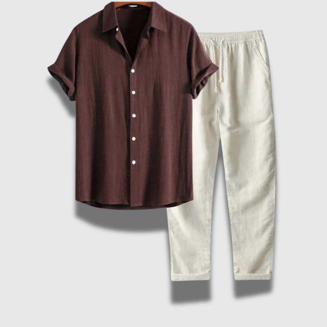 Set Uomo Pantaloni Cotone Camicia Casual Regular Fit - Vesarelli