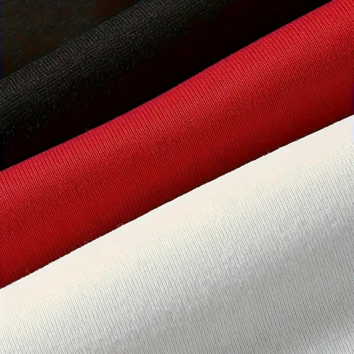 Tre tessuti in cotone a tinta unita: nero, rosso e bianco. Ideali per abbigliamento, cucito e artigianato. Alta qualità, morbidezza garantita.