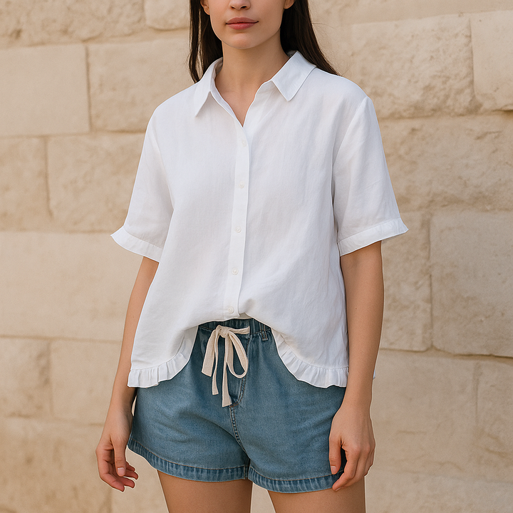 Camicia Donna Lino Maniche Corte Stile Casual Estivo - Vesarelli