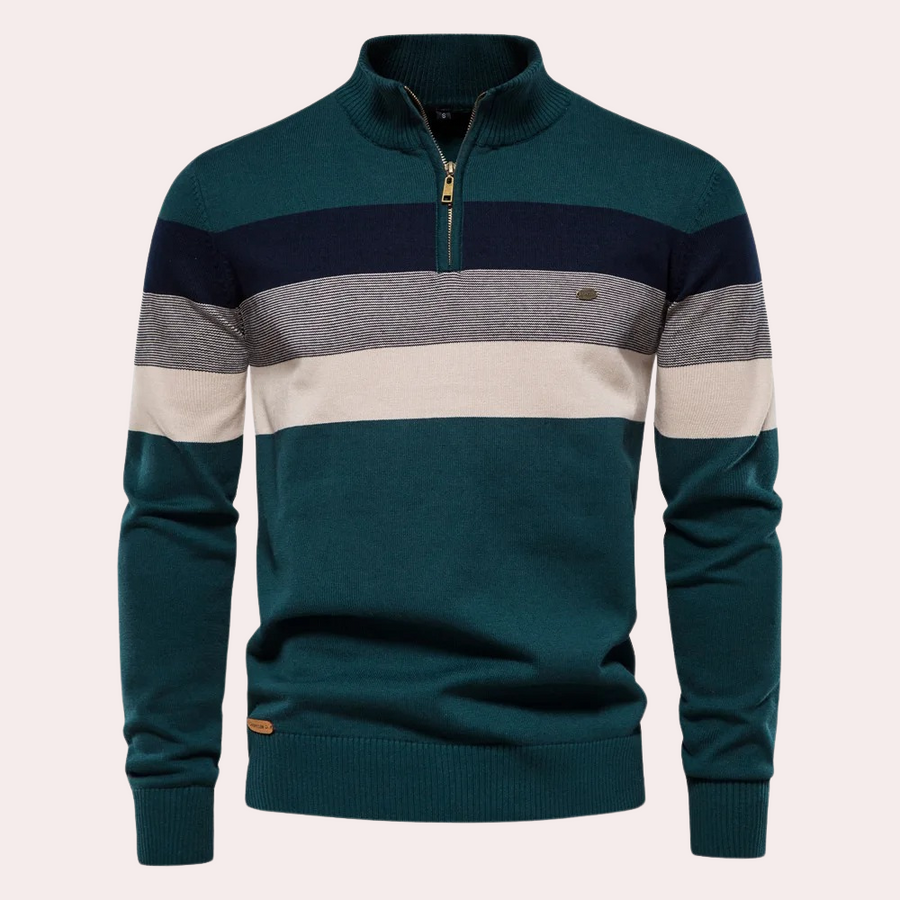 Maglione uomo a righe multicolore con zip, collo alto, in lana, tonalità verde, blu e beige. Elegante e caldo, ideale per l'inverno.