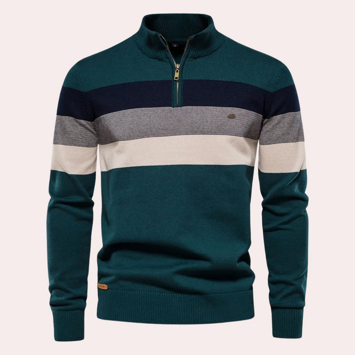Maglione uomo a righe multicolore con zip, collo alto, in lana, tonalità verde, blu e beige. Elegante e caldo, ideale per l'inverno.