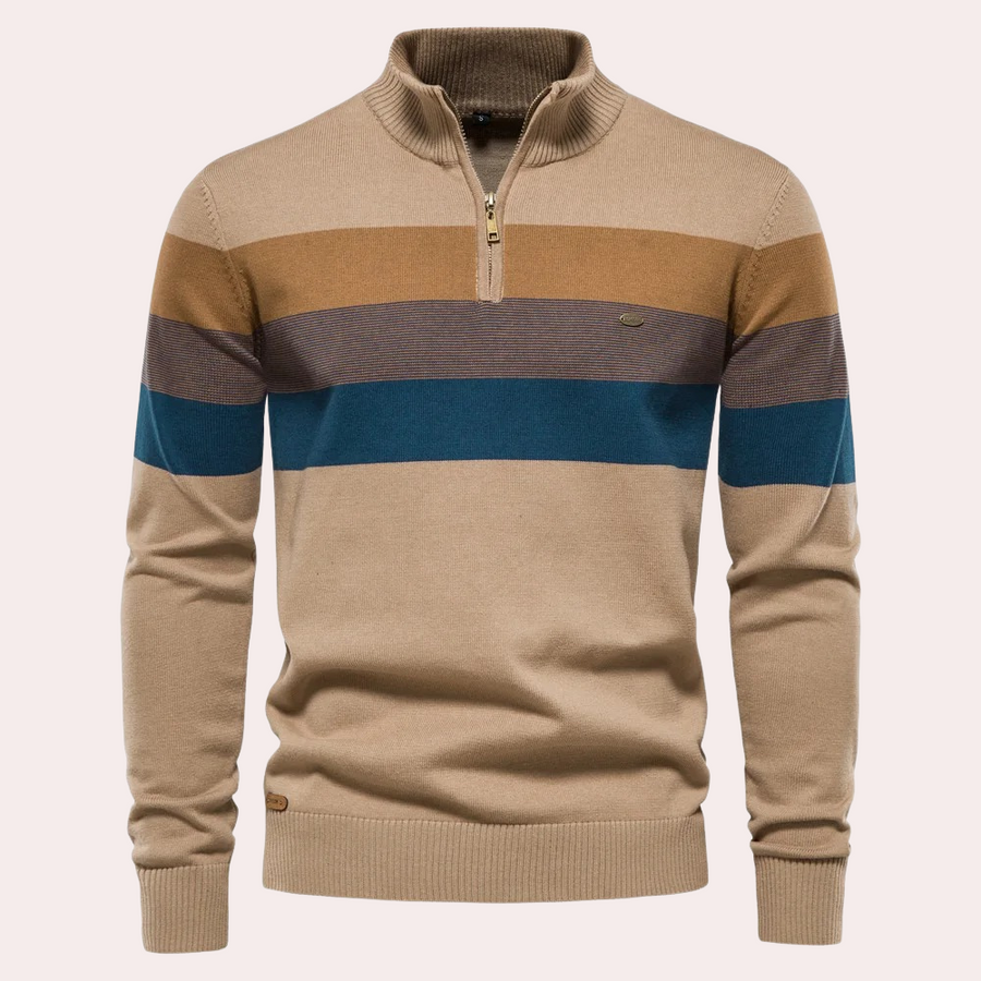 Maglione uomo beige con zip, righe orizzontali blu e marroni, design casual elegante, perfetto per autunno inverno, moda maschile.