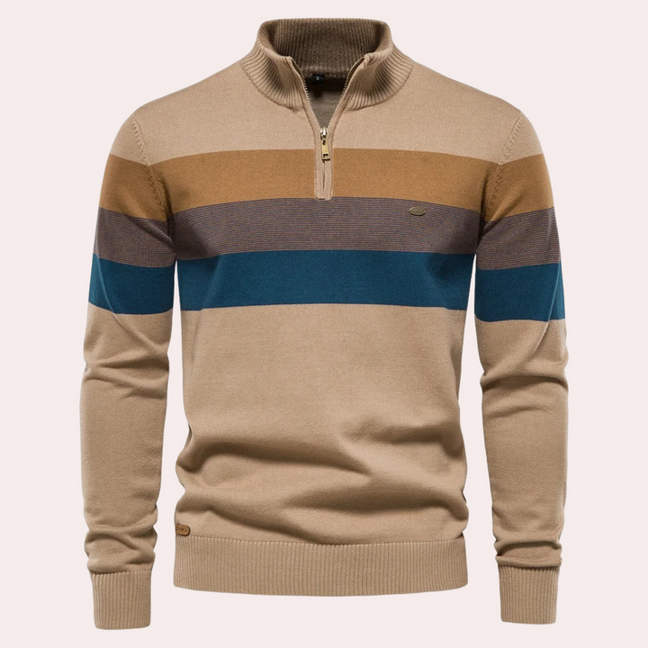 Maglione uomo beige con zip, righe orizzontali blu e marroni, design casual elegante, perfetto per autunno inverno, moda maschile.