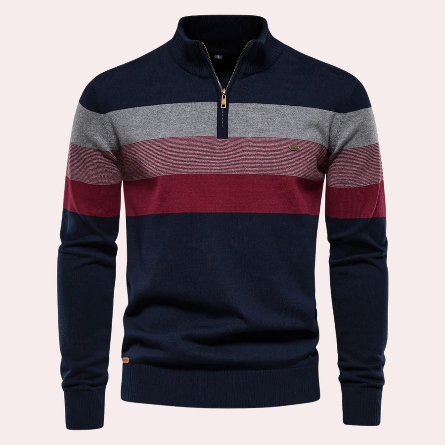Maglione Uomo Cotone Mezza Zip Manica Lunga a Righe - Vesarelli