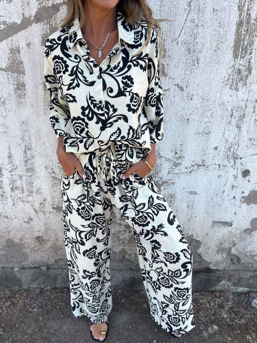 Completo Donna Due Pezzi Tessuto Leggero Pantaloni Gamba Larga