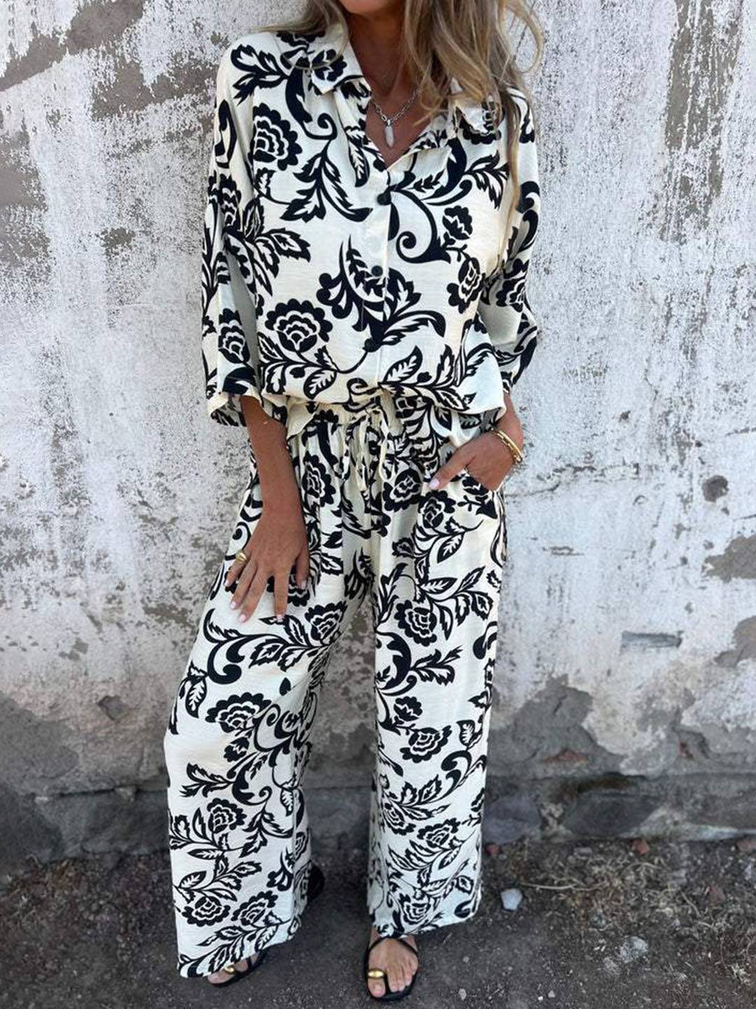 Completo Donna Due Pezzi Tessuto Leggero Pantaloni Gamba Larga
