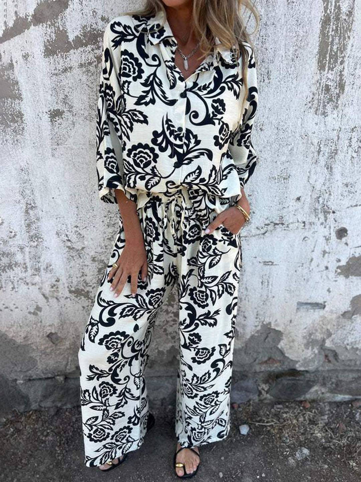 Completo Donna Due Pezzi Tessuto Leggero Pantaloni Gamba Larga