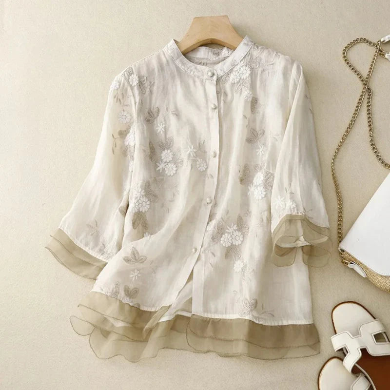 Camicetta Ricamata Donna | Collo alla Coreana & Eleganza Leggera