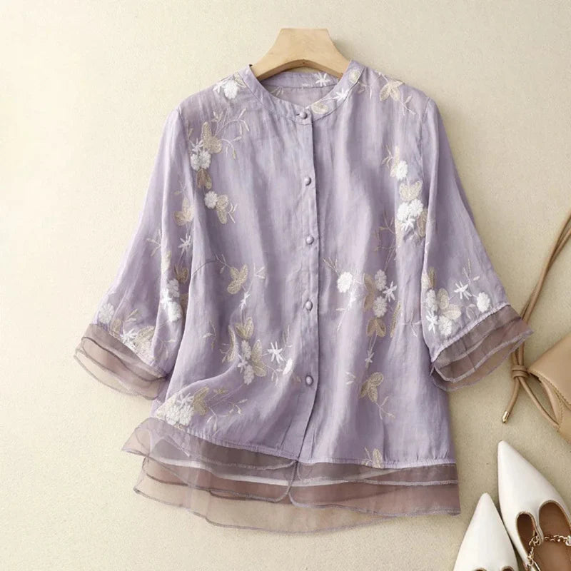 Camicetta Ricamata Donna | Collo alla Coreana & Eleganza Leggera