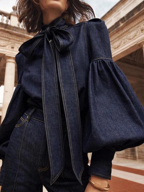 Camicia in Denim con Maniche a Palloncino e Fiocco da Donna | Elisa