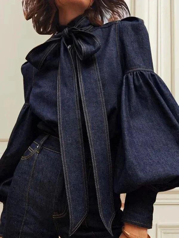 Camicia in Denim con Maniche a Palloncino e Fiocco da Donna | Elisa