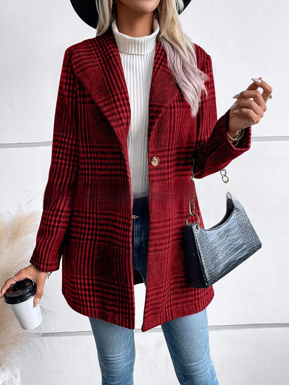 Cappotto Donna Lungo Aderente a Quadri Elegante Tessuto Alta Qualità 2