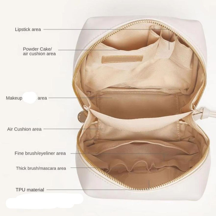 Borsa trucco in TPU beige con scomparti etichettati per rossetto, cipria, pennelli e mascara. Ideale per organizzare cosmetici da viaggio.