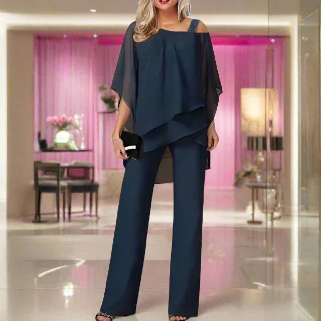 Completo Donna Tuta e Camicetta Chiffon Monospalla Leggero Fluido