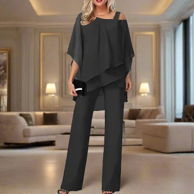 Completo Donna Tuta e Camicetta Chiffon Monospalla Leggero Fluido