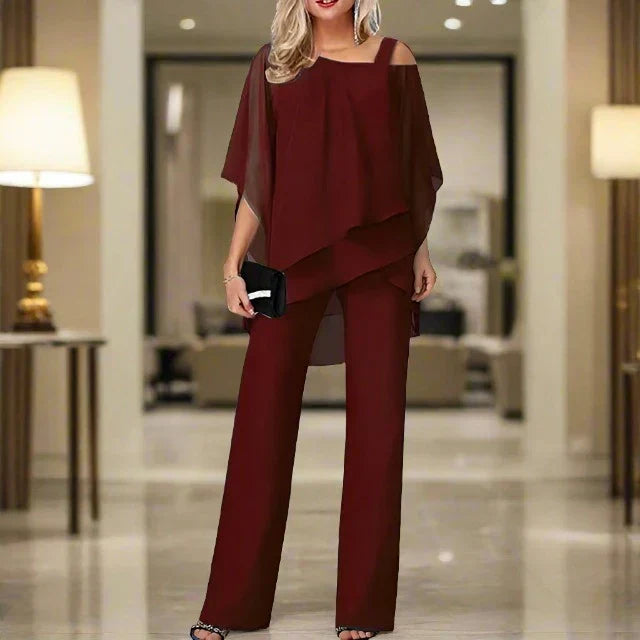 Completo Donna Tuta e Camicetta Chiffon Monospalla Leggero Fluido