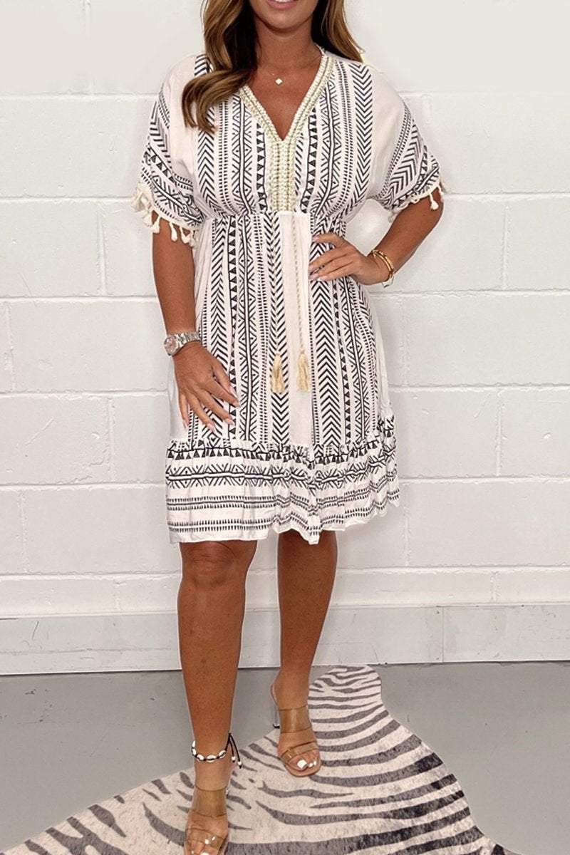 Abito Corto Donna Stile Boho Manica Corta Sotto Ginocchio