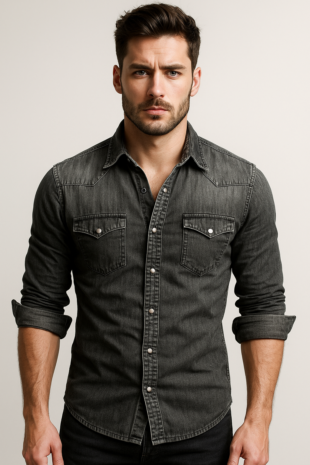 Camicia Uomo Denim Slim Fit Bottoni Automatici