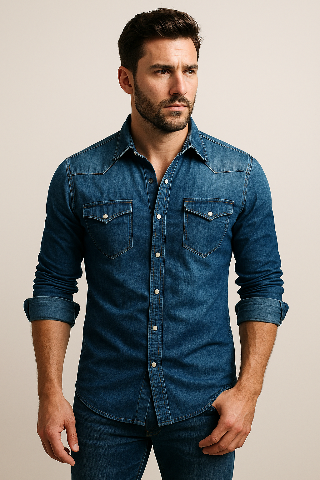 Camicia Uomo Denim Slim Fit Bottoni Automatici