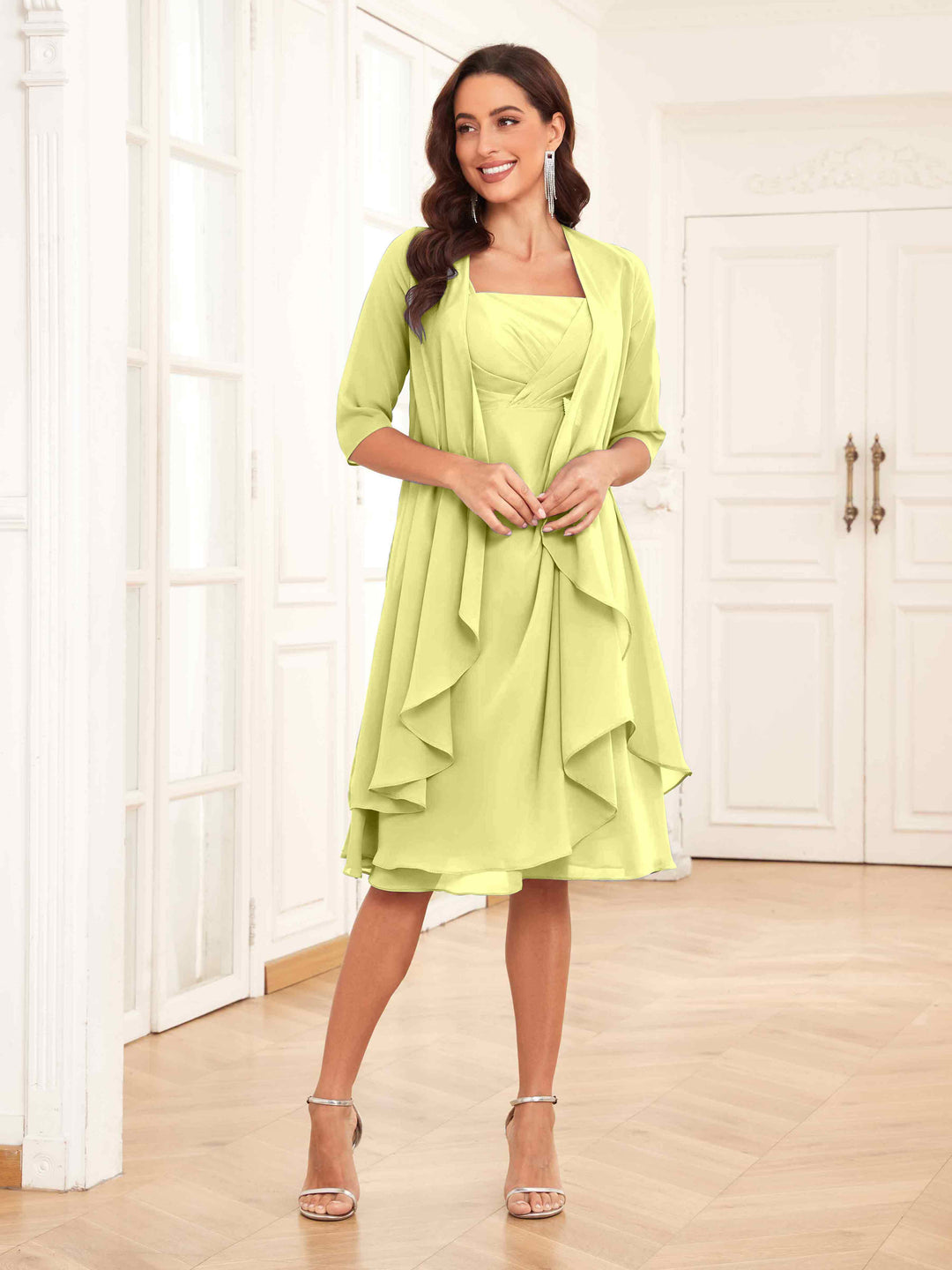 Abito Midi Donna Cerimonia Chiffon con Ruches