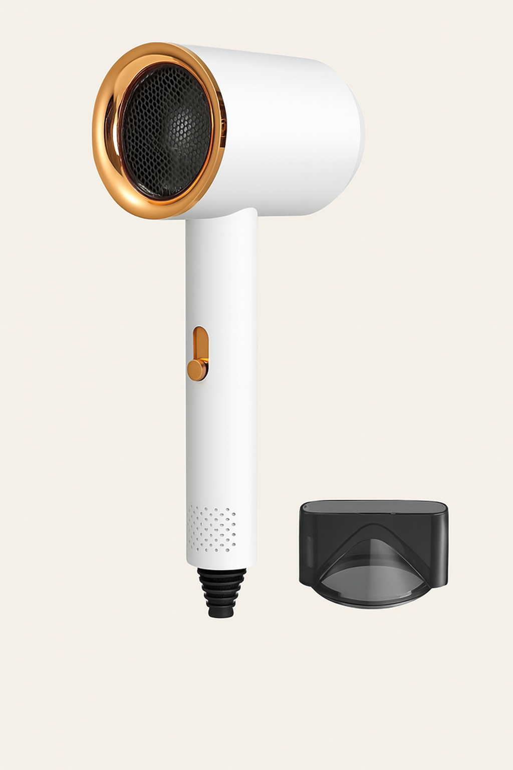 Asciugacapelli bianco con dettagli dorati e accessorio nero, design moderno. Phon compatto, elegante, ideale per styling capelli.