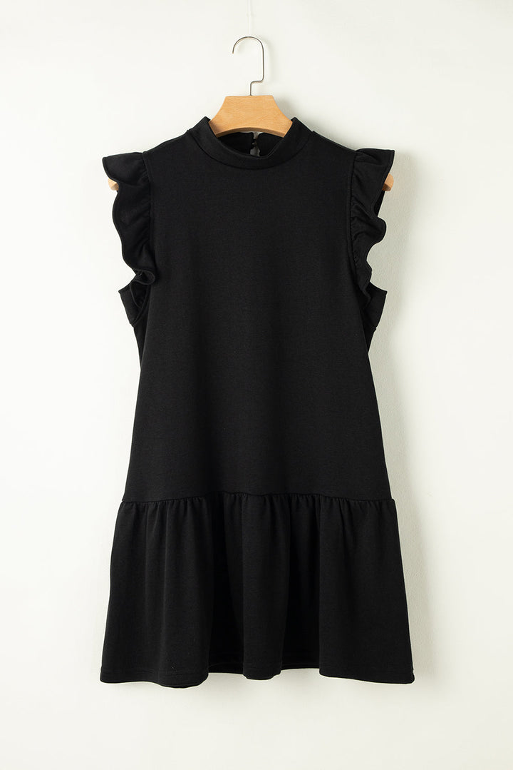 Abito nero senza maniche con volant, design elegante e moderno, perfetto per occasioni formali e casual. Tessuto morbido e confortevole.