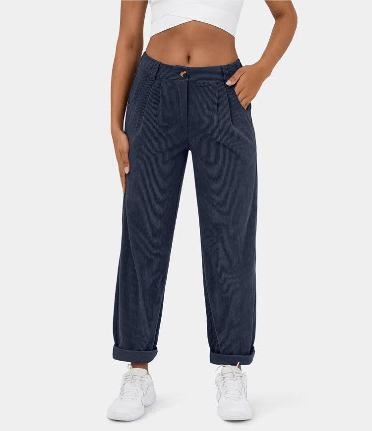 Pantaloni Donna Sartoriali in Tessuto a Coste Slim Fit