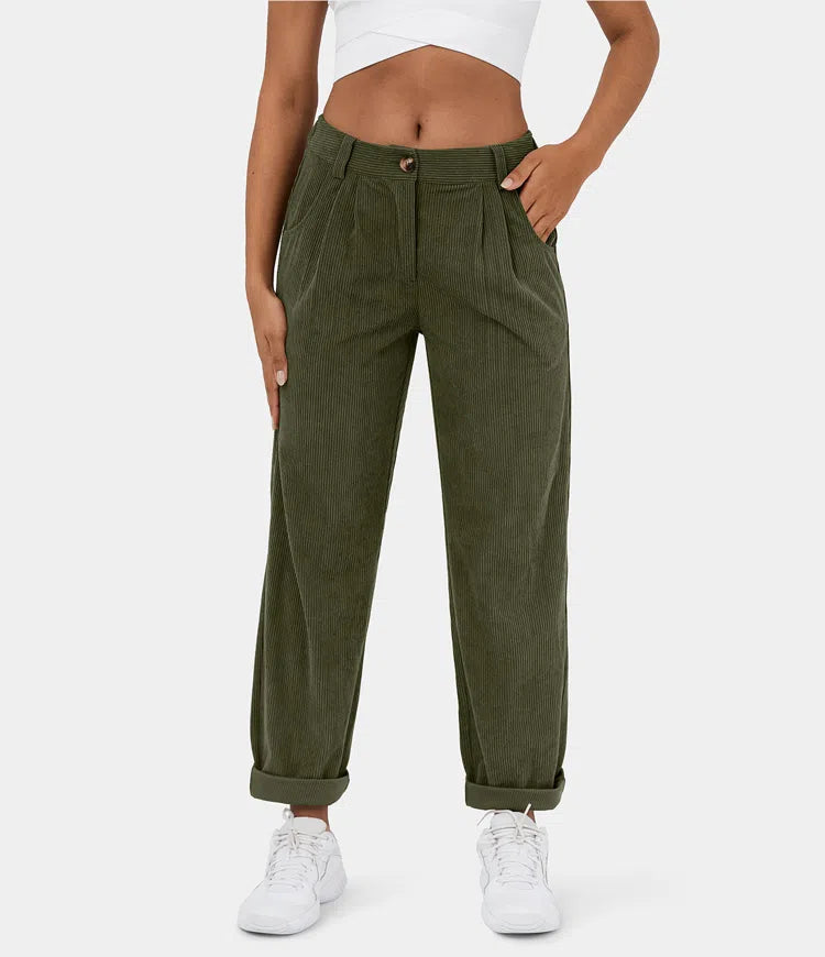 Pantaloni Donna Sartoriali in Tessuto a Coste Slim Fit
