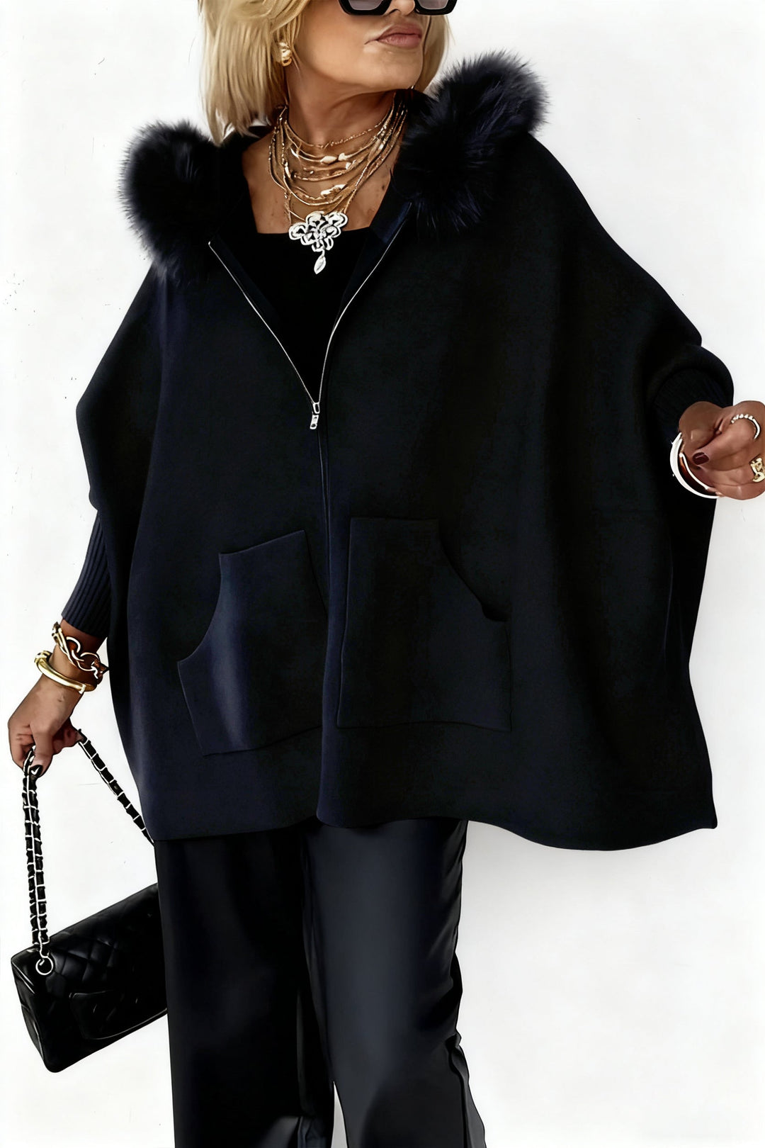 Clara | Donna Giacca Cape Oversize Cappuccio Pelliccia Zip 2