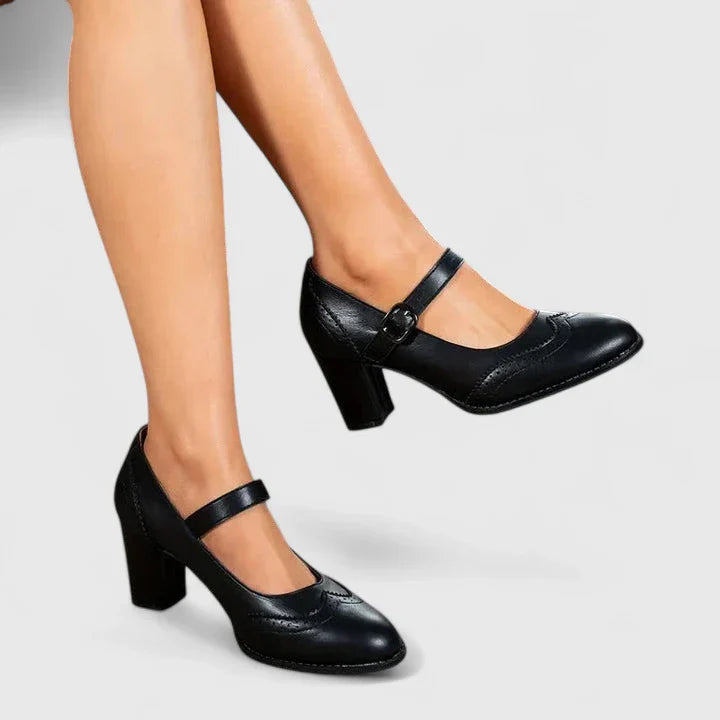 Scarpe Mary Jane Donna Pelle Brogue Tacco a Blocco - Vesarelli