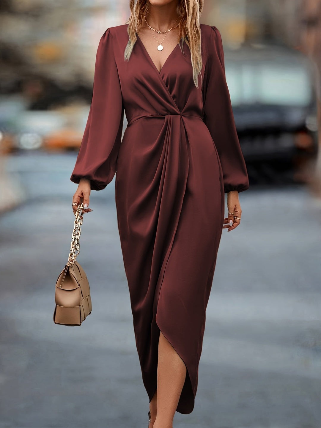 Abito midi Donna a portafoglio Maniche lunghe Stile casual chic