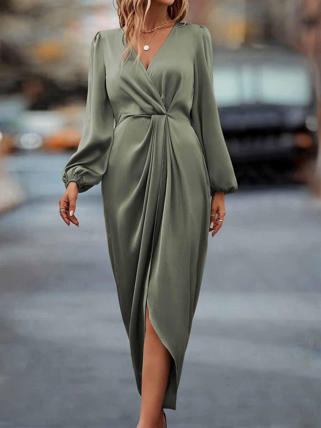 Abito midi Donna a portafoglio Maniche lunghe Stile casual chic