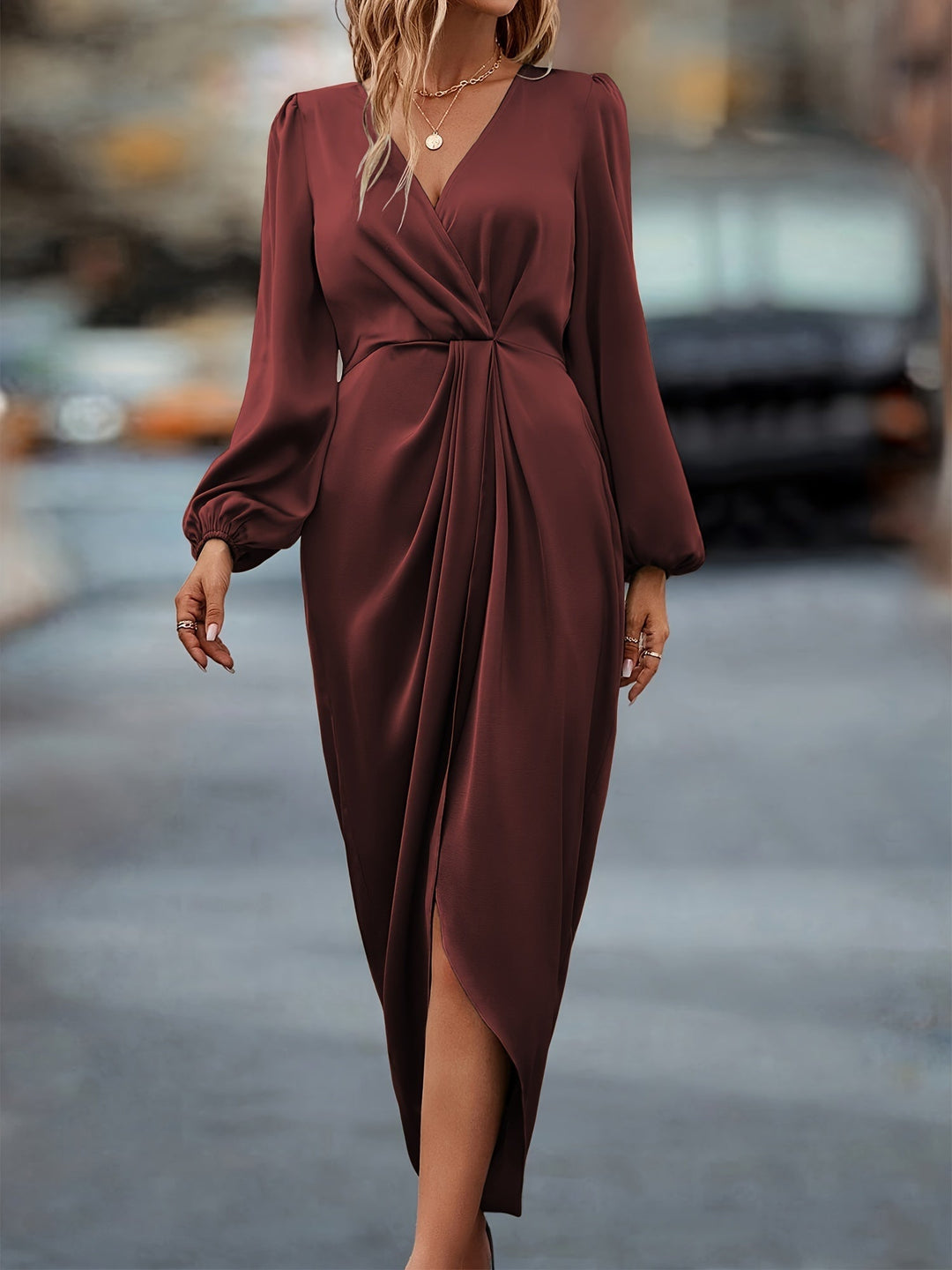 Abito midi Donna a portafoglio Maniche lunghe Stile casual chic