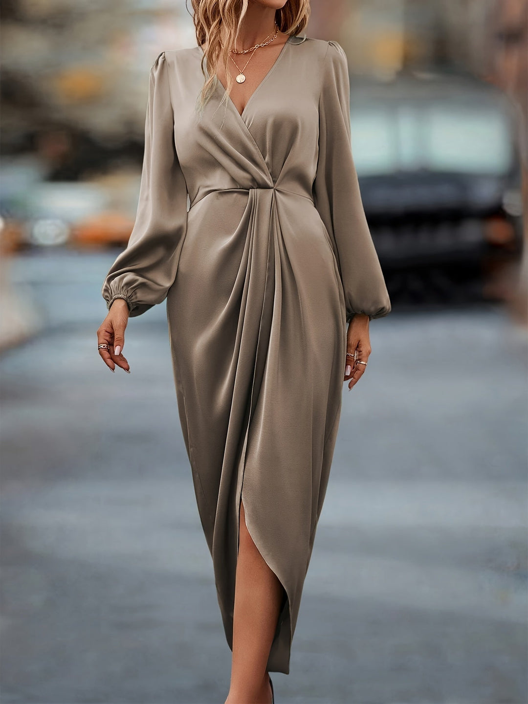 Abito midi Donna a portafoglio Maniche lunghe Stile casual chic