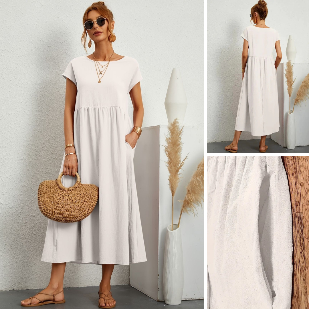 Abito Midi Donna Leggero Tasche Manica Corta Disinvolto