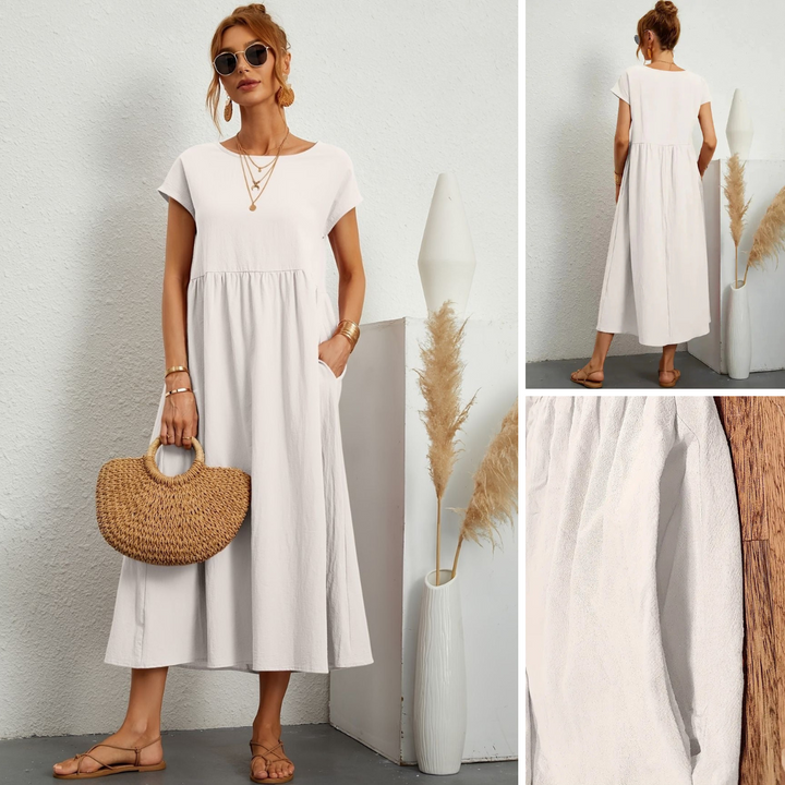 Abito Midi Donna Leggero Tasche Manica Corta Disinvolto