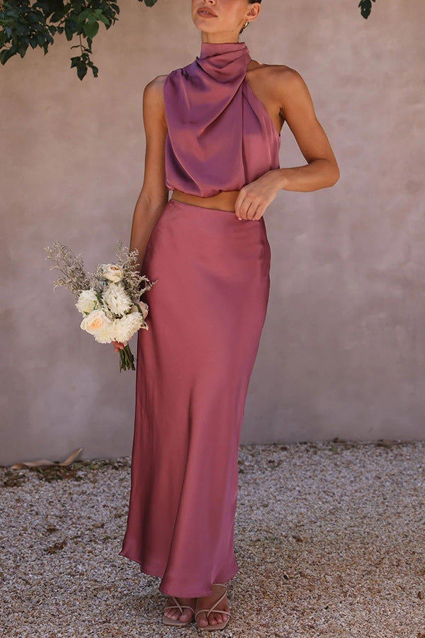 Completo Estivo Satinato Con Top E Gonna Donna | Collo Drappeggiato & Silhouette Slanciata